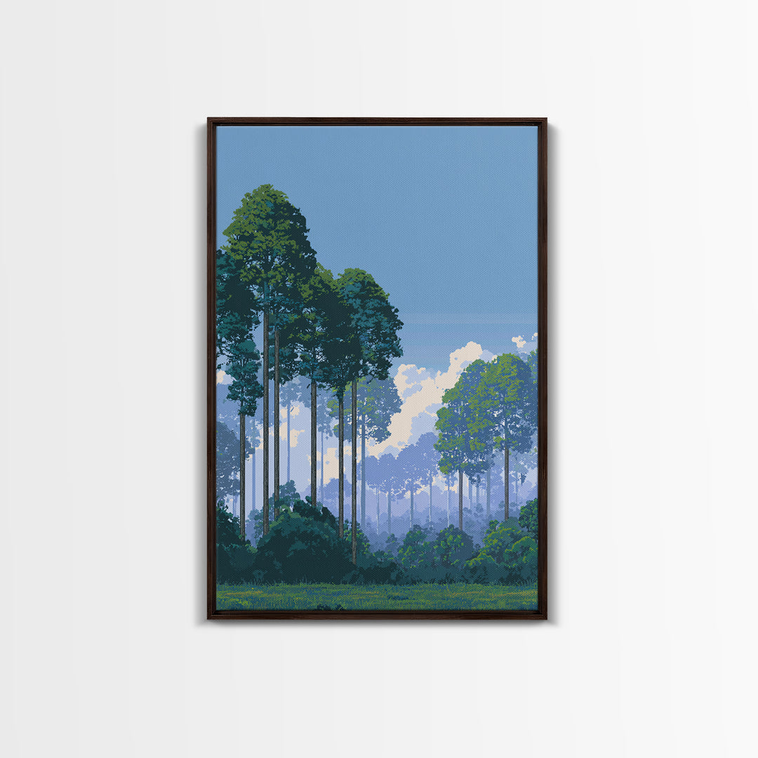 Misty Tall Pine Forest Canvas Print, Blue Sky Landscape Art, Scenic Nature Wall Decor, Modern Office Living Room Art Print