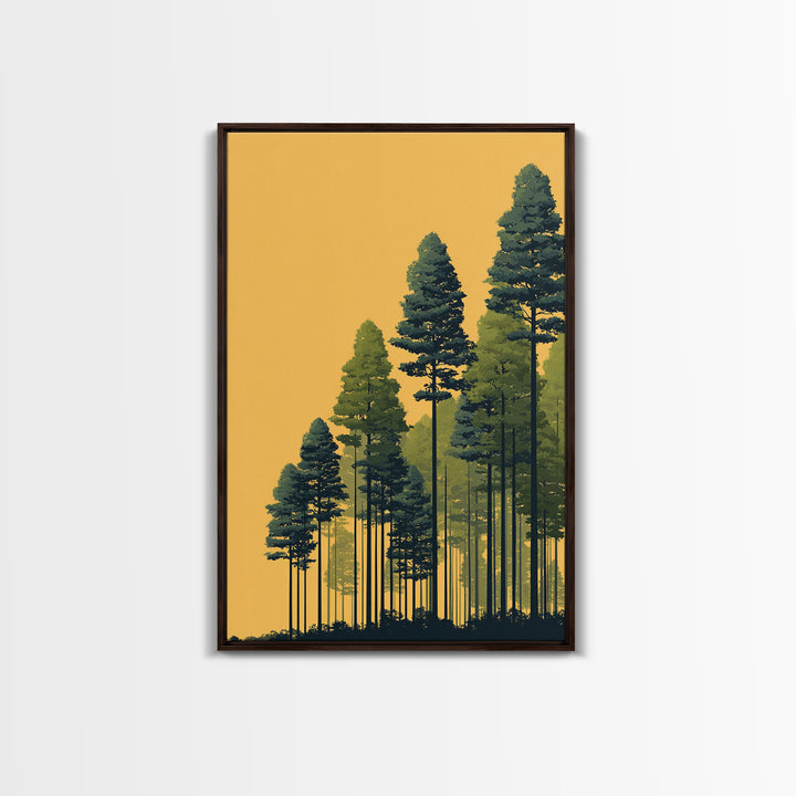 Golden Sunset Pine Forest Wall Art, Tall Evergreen Landscape Print, Scenic Nature Decor, Modern Cabin Living Room Decor Print