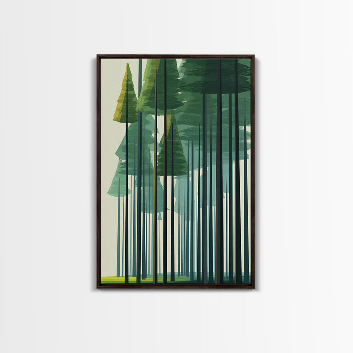 Minimalist Green Pine Grove Wall Art, Abstract Tall Tree Canvas Print, Scandinavian Nature Decor, Modern Forest Poster Art
