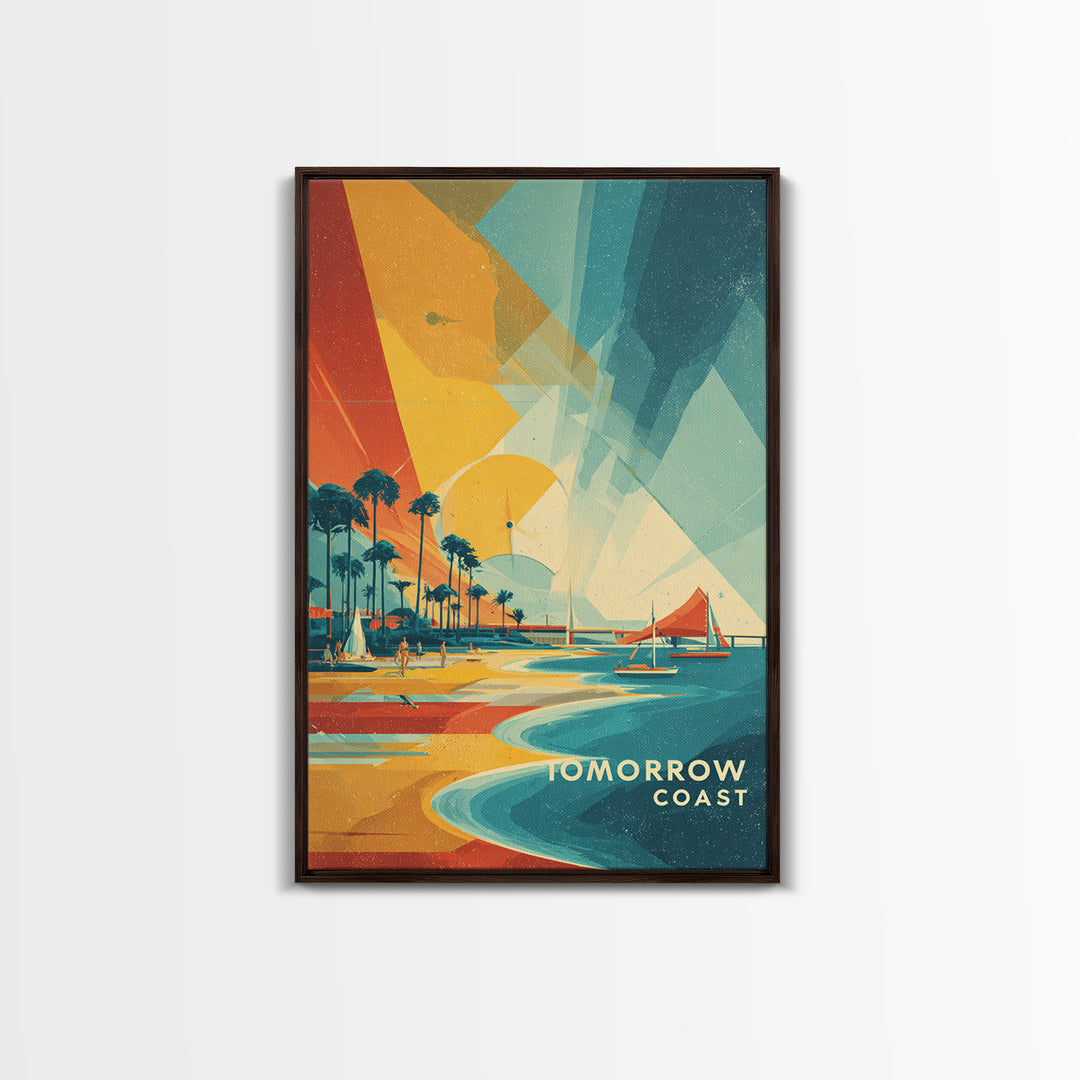 Tomorrow Coast Futuristic Beach Wall Art, Retro Travel Poster, Palm Springs Sailboat Canvas Print, Midcentury Modern Home Decor
