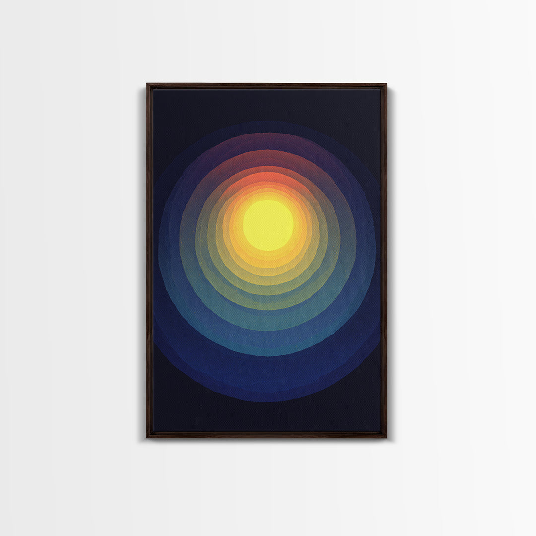 Radiant Yellow Concentric Sun Canvas Print, Midcentury Modern Art, Cosmic Abstract Wall Decor, Blue Retro Living Room Poster