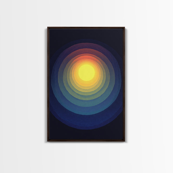 Radiant Yellow Concentric Sun Canvas Print, Midcentury Modern Art, Cosmic Abstract Wall Decor, Blue Retro Living Room Poster