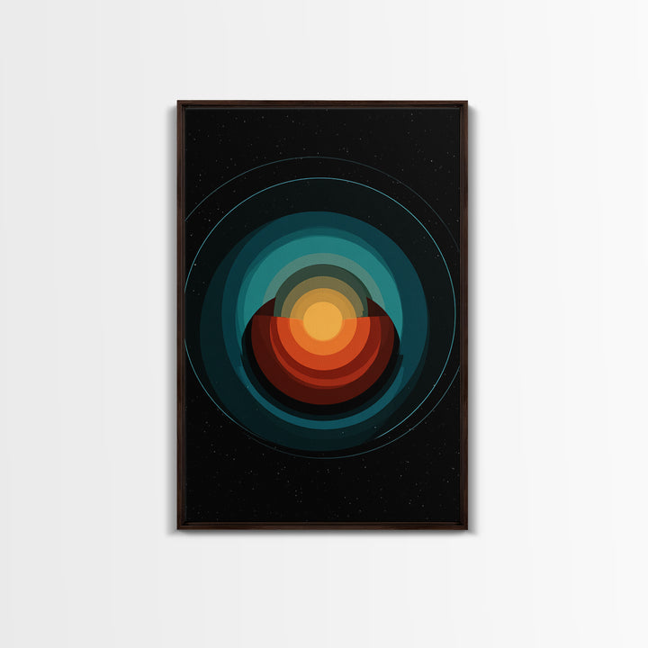 Teal Orange Eclipse Planet Framed Canvas Print, Midcentury Modern Wall Art, Space Abstract Poster, Retro MCM Home Decor Art