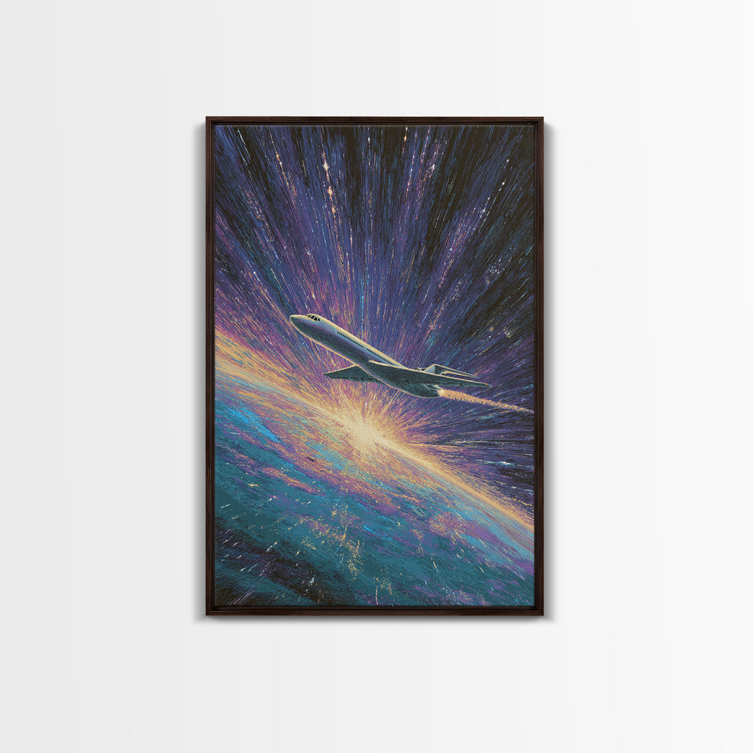 Cosmic Airplane Warp Speed Wall Art, Retro Sci Fi Travel Poster, Modern Art Print, Colorful Space Abstract Office Decor Art