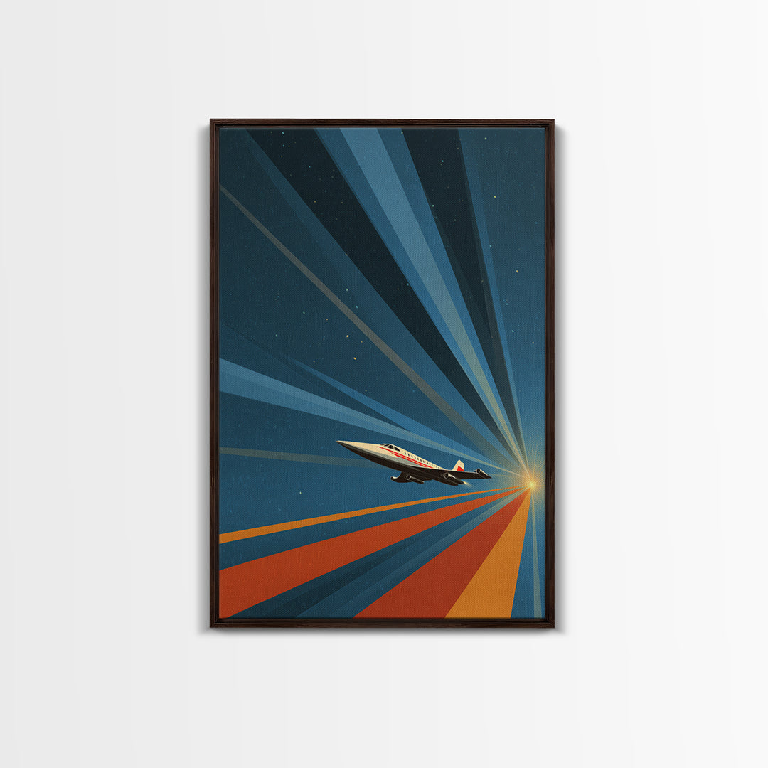 Retro Jet Plane Racing To Sunrise Canvas Print, Midcentury Modern Wall Art, Atomic Space Poster, Aviation Office Decor Gift