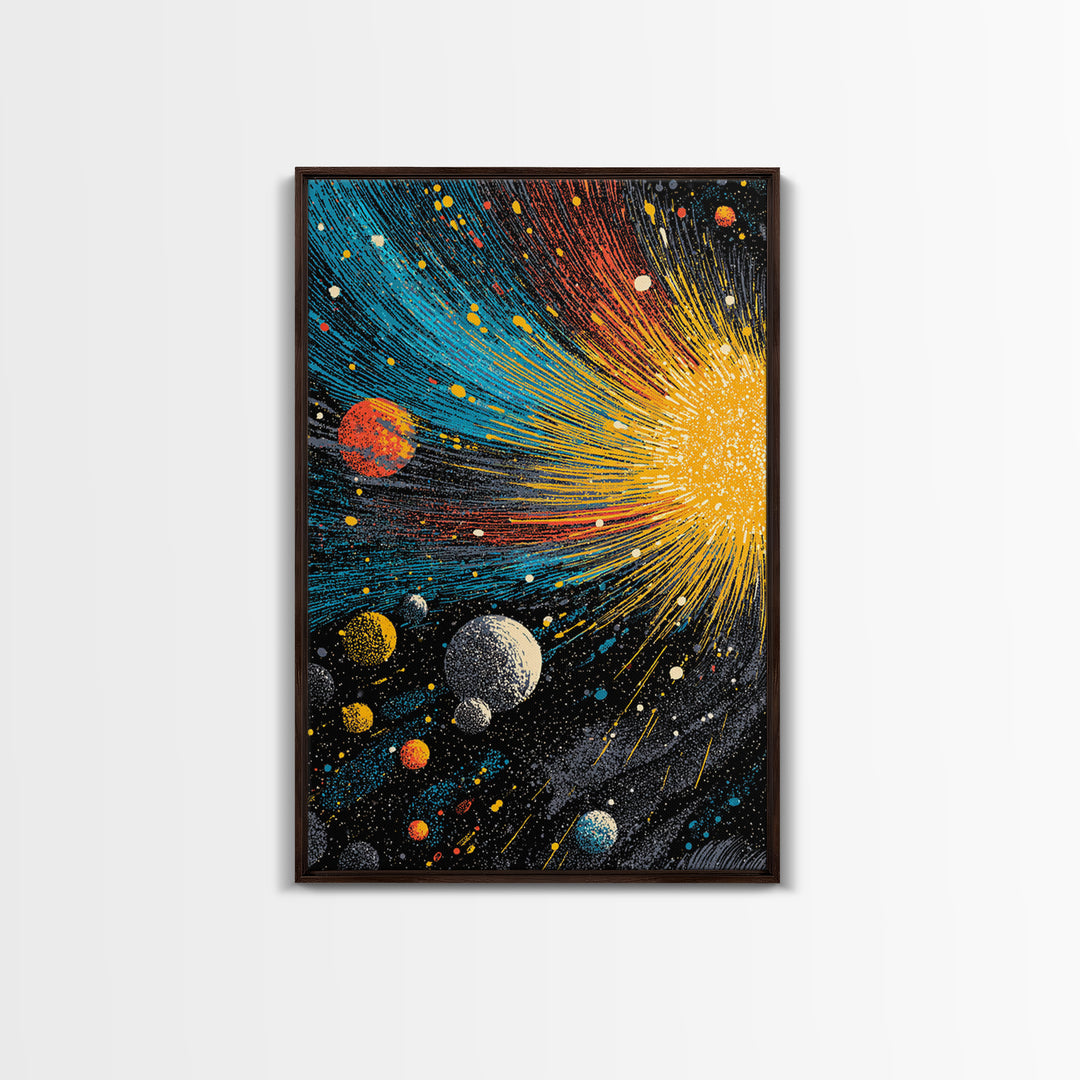 Exploding Solar System With Colorful Planets Framed Canvas Print, Midcentury Modern Wall Art, Retro Space Decor Poster Gift