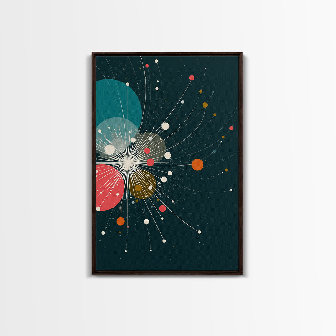 Abstract White Starburst With Floating Orbs Wall Art, Midcentury Modern Abstract Art Print, Teal Retro Space Office Decor