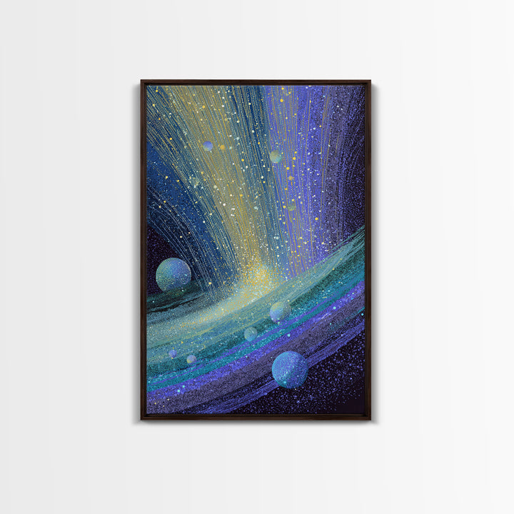 Surreal Ringed Planet With Blue Light Trails Framed Canvas Print, Midcentury Modern Wall Art, Cosmic Retro Space Decor Gift