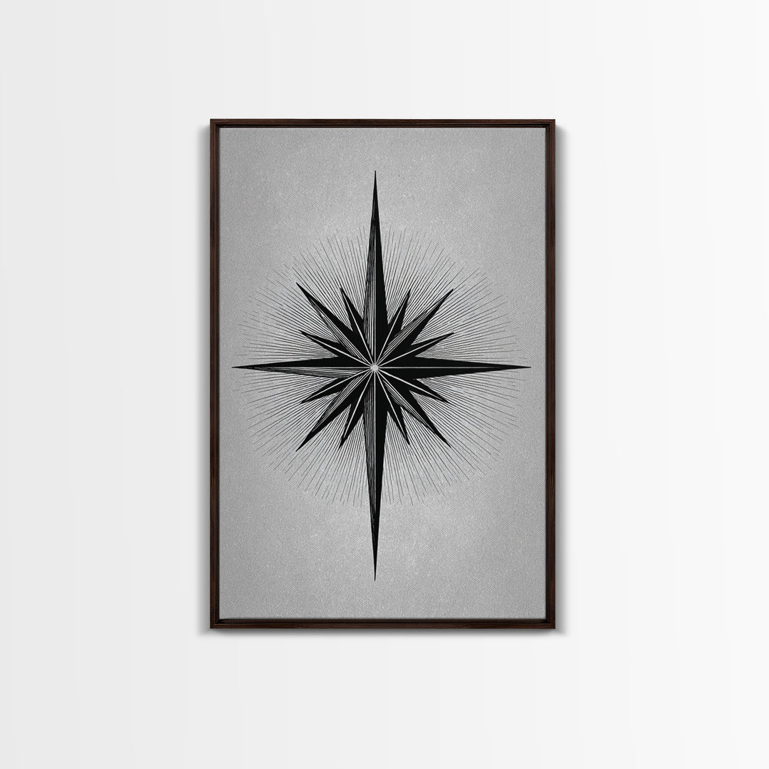 Black Compass Starburst Framed Canvas Print, Midcentury Modern Art, Geometric Wall Decor, Minimalist Art Print, Retro Decor