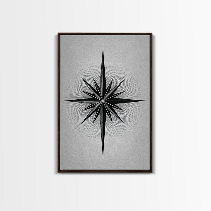 Black Compass Starburst Framed Canvas Print, Midcentury Modern Art, Geometric Wall Decor, Minimalist Art Print, Retro Decor