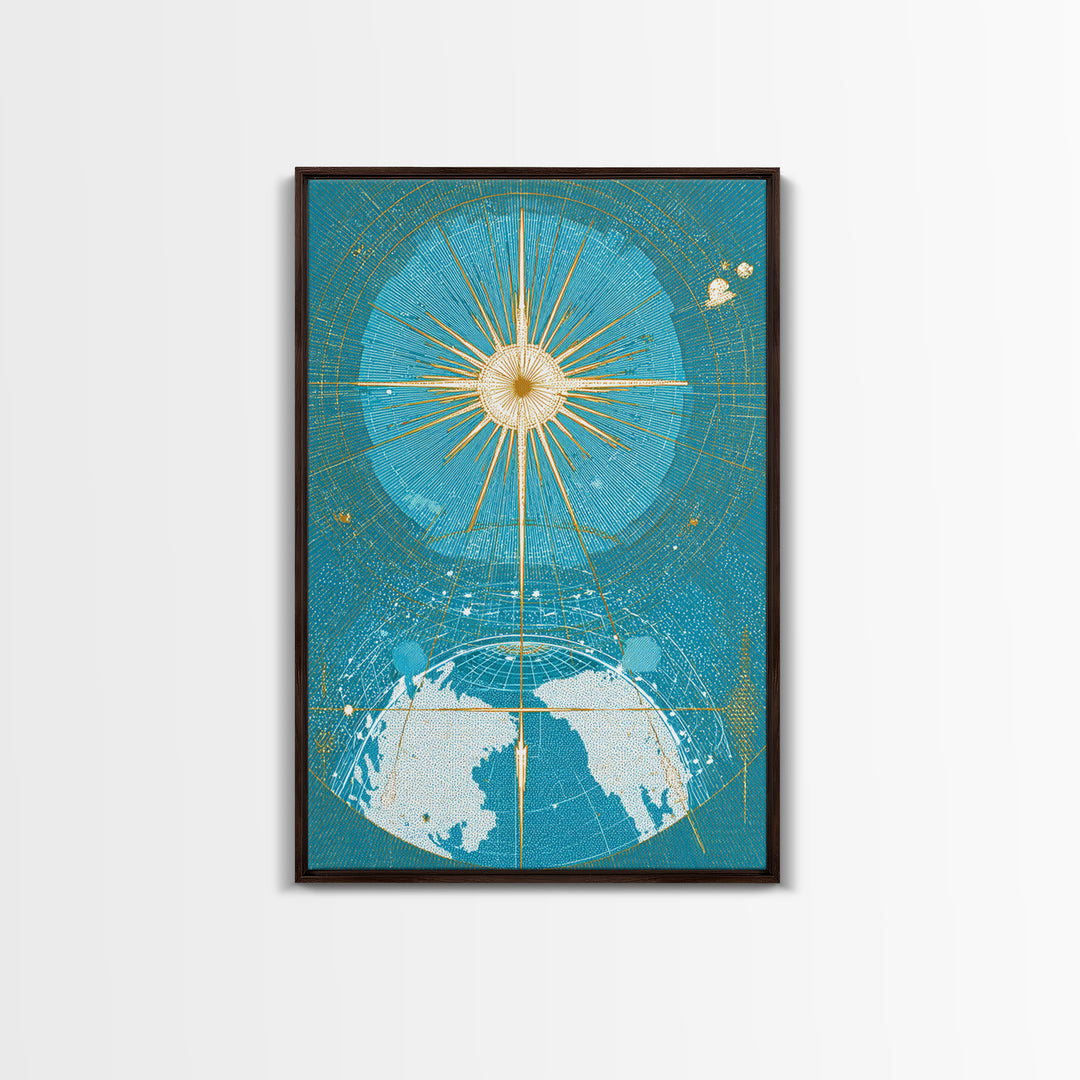 Turquoise Celestial Earth Sunburst Wall Art, Midcentury Modern Space Poster, Atomic Retro Map Print, Blue Office Decor Gift