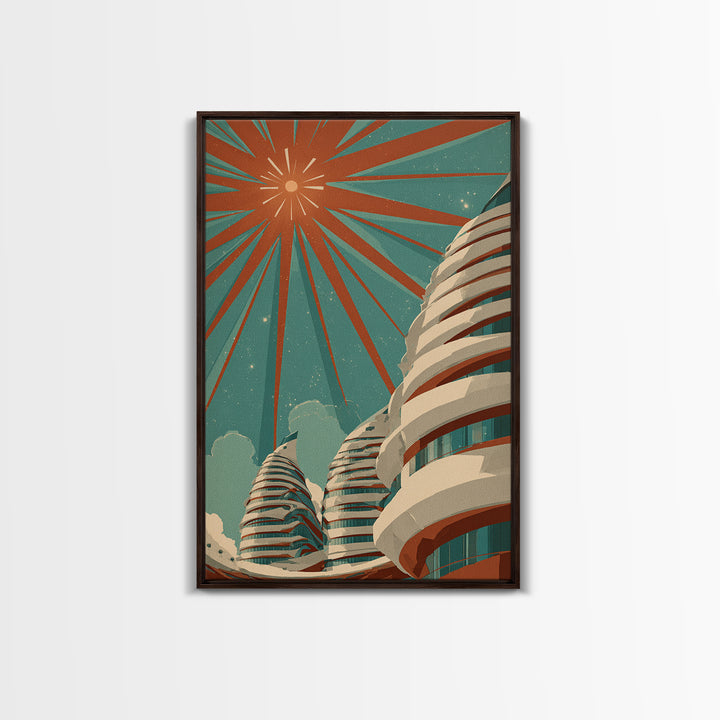 Retro Futurist Towers Wall Art, Midcentury Modern Art, Architectural Art, Palm Springs Art, Travel Poster, Teal Orange Decor