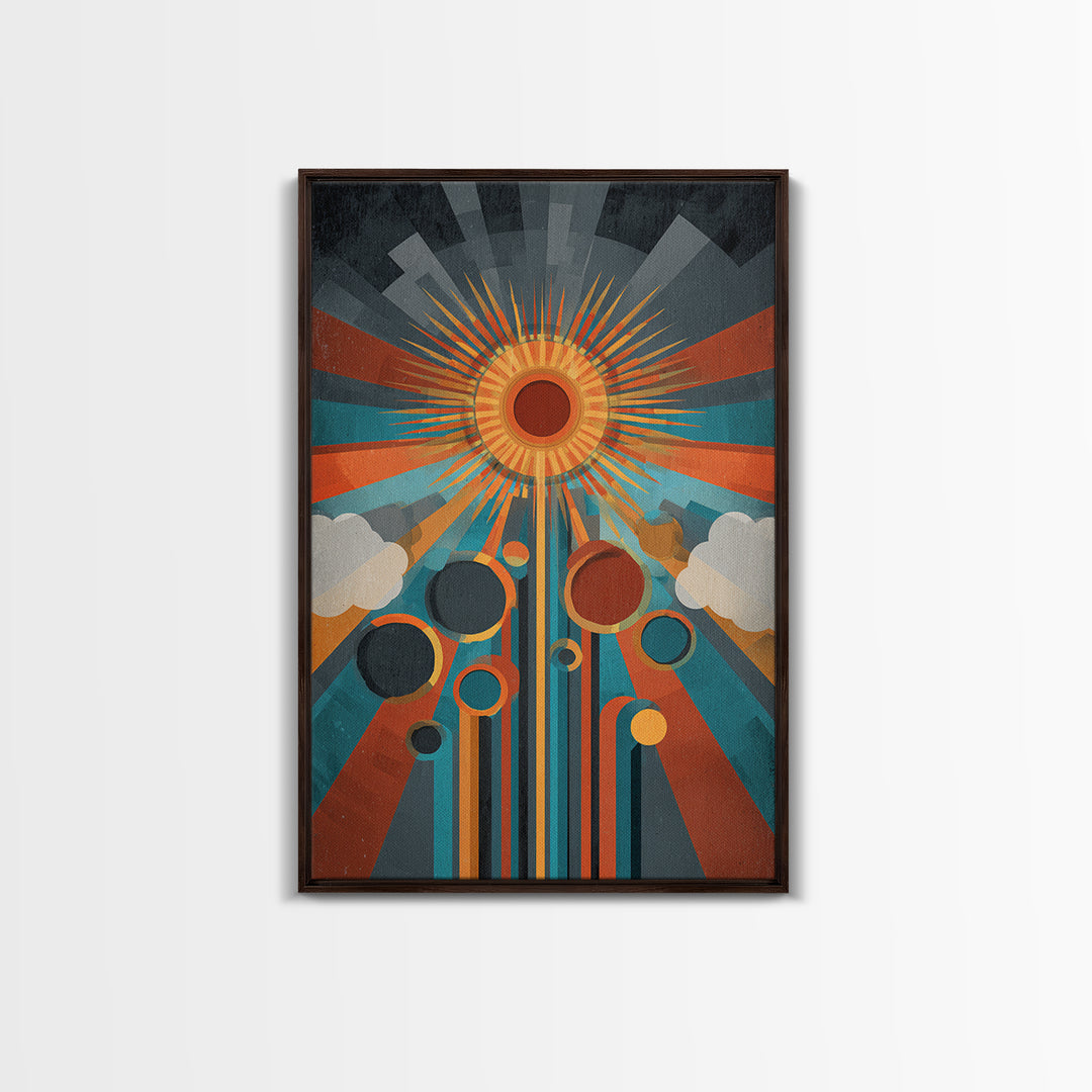 Geometric Solar Eclipse With Retro Planets Wall Art, Midcentury Modern Abstract Poster, Atomic Space Decor, Colorful MCM Print