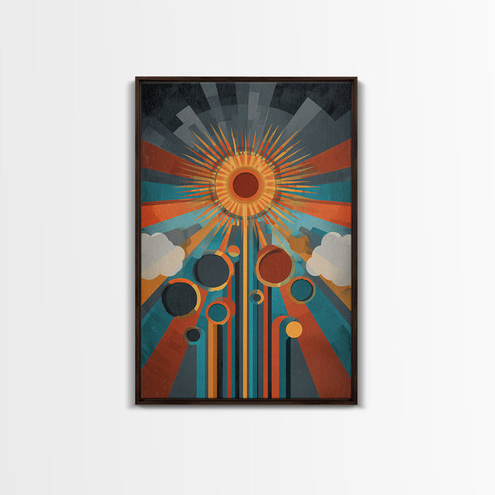 Geometric Solar Eclipse With Retro Planets Wall Art, Midcentury Modern Abstract Poster, Atomic Space Decor, Colorful MCM Print
