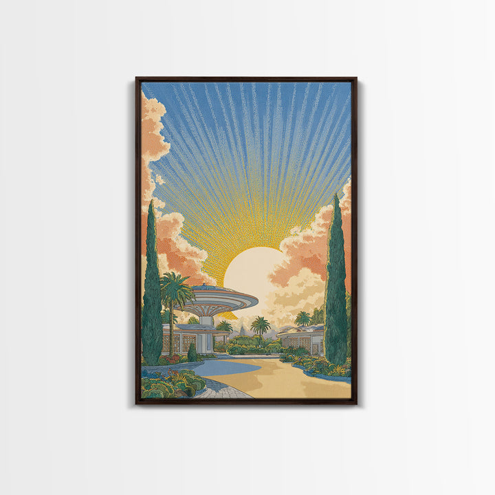 Futuristic Desert Resort Sunrise Wall Art, Midcentury Modern Architecture Poster, Palm Springs Decor, Retro Travel Print