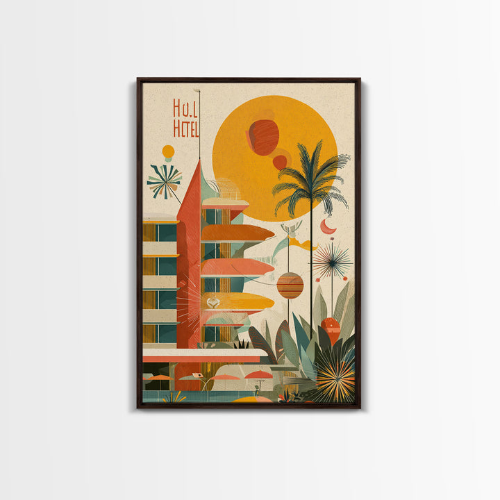 Atomic Hotel With Palms And Sun Canvas Print, Midcentury Modern Wall Art, Retro Palm Springs Poster, Tropical MCM Home Decor