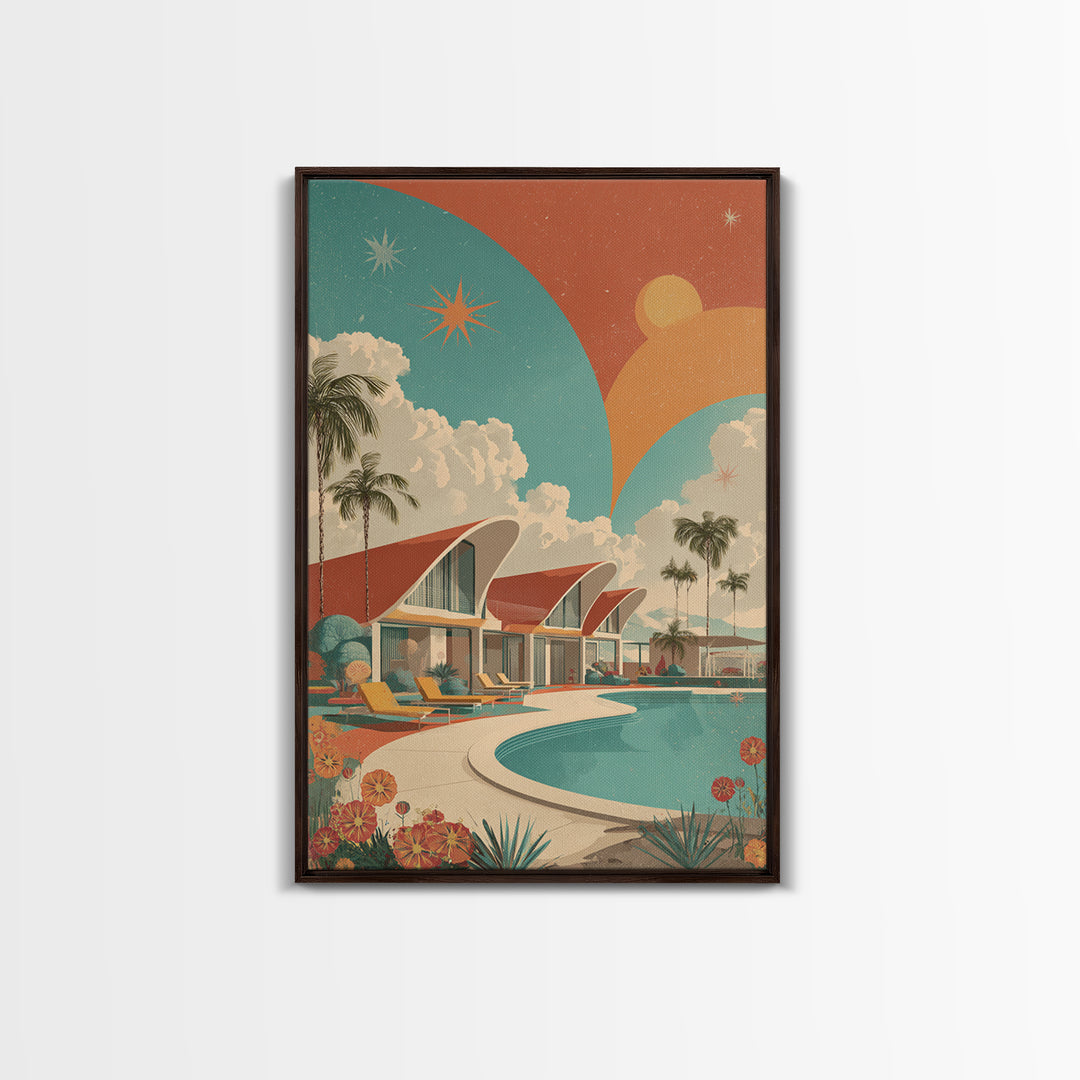 Retro Palm Springs Pool Homes Framed Canvas Print, Midcentury Modern Wall Art, Atomic Ranch Decor, Tropical Sunset Poster
