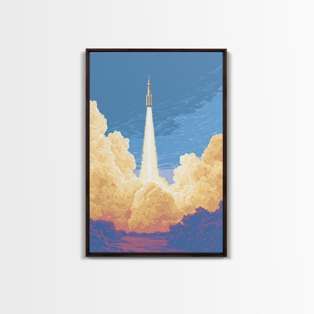Rocket Launch Through Golden Clouds Wall Art, Retro Space Poster, Sci Fi Wall Decor, Modern Art Print For Office And Man Cave