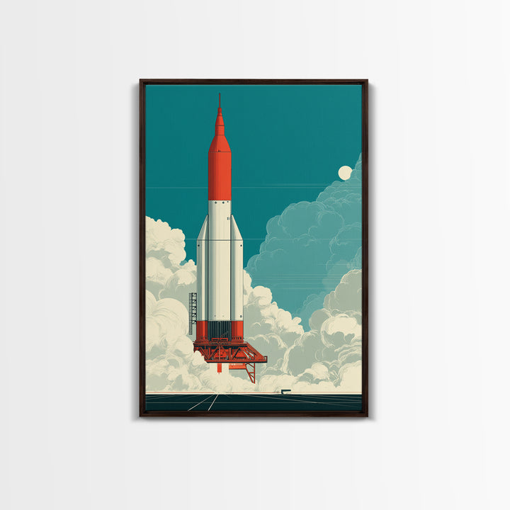 Red Rocket Lift Off In Teal Sky Canvas Print, Retro Space Wall Art, Midcentury Modern Sci Fi Poster, Boys Room Decor Gift