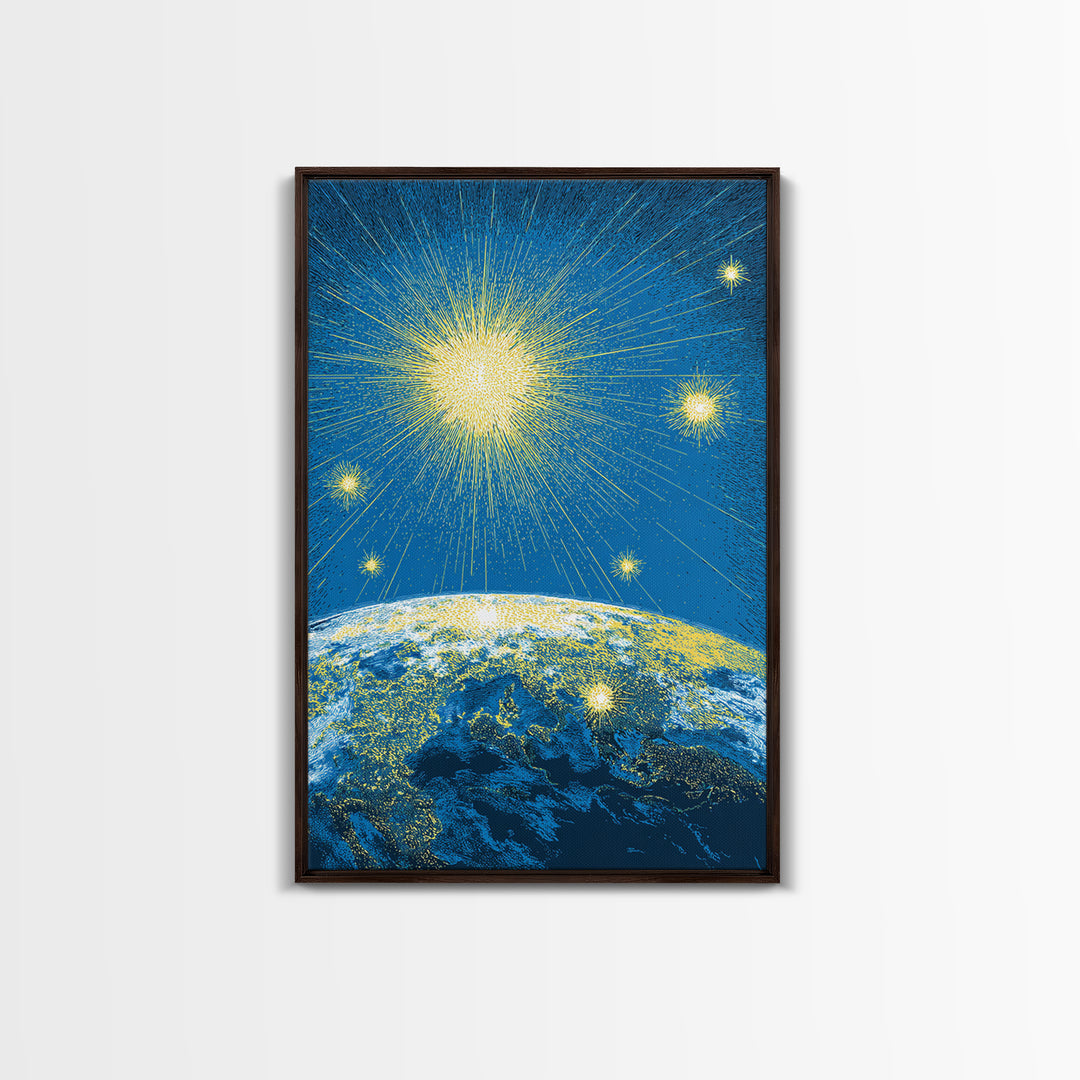 Radiant Earth Horizon Starfield Canvas Print, Midcentury Modern Space Art, Retro Sci Fi Poster, Blue Living Room Decor Gift