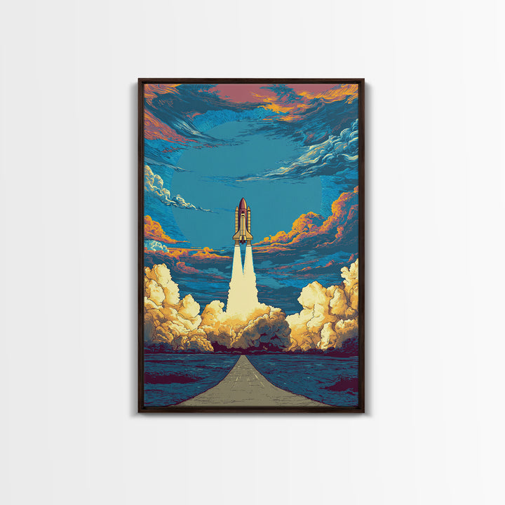Space Shuttle Rising Over Ocean Road Framed Canvas Print, Retro Sci Fi Wall Art, Modern Space Poster, Dramatic Cloud Decor