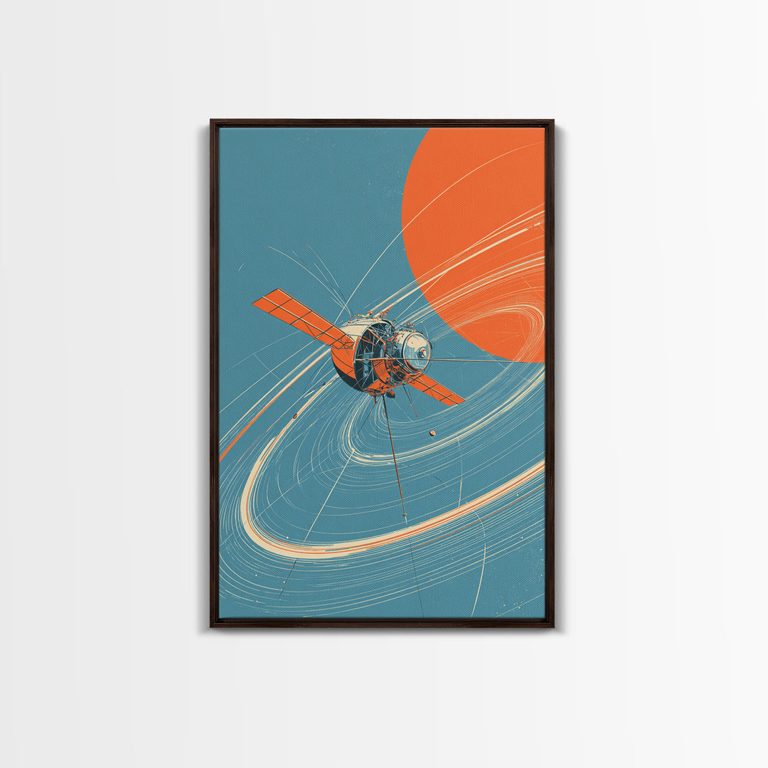 Retro Satellite With Orange Sun, Cosmic Orbit Wall Art, Mid Century Modern Space Poster, Sci Fi Decor, MCM Home Print Gift