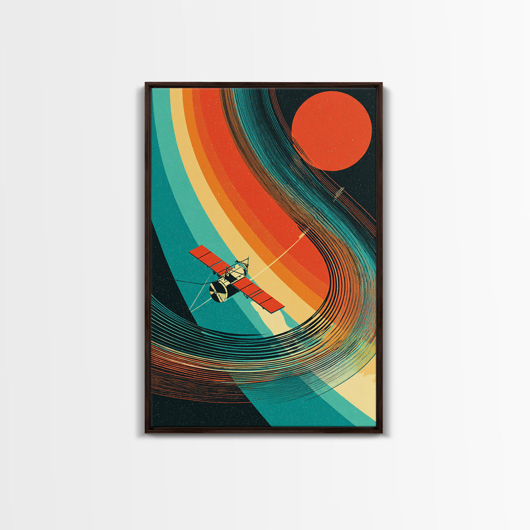 Satellite By Rainbow Planetary Rings, Red Sun Canvas Print, Retro Sci Fi Space Poster, Mid Century Modern Wall Decor Gift