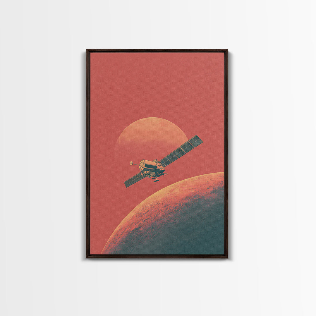 Coral Mars Satellite Over Desert Planet Canvas Print, Minimal Retro Space Poster, Mid Century Modern Home Office Decor Gift