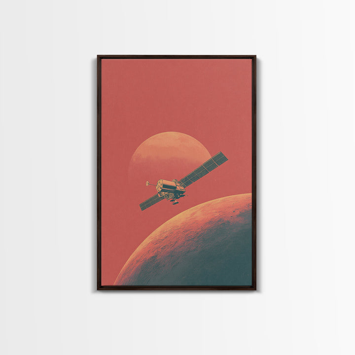 Coral Mars Satellite Over Desert Planet Canvas Print, Minimal Retro Space Poster, Mid Century Modern Home Office Decor Gift