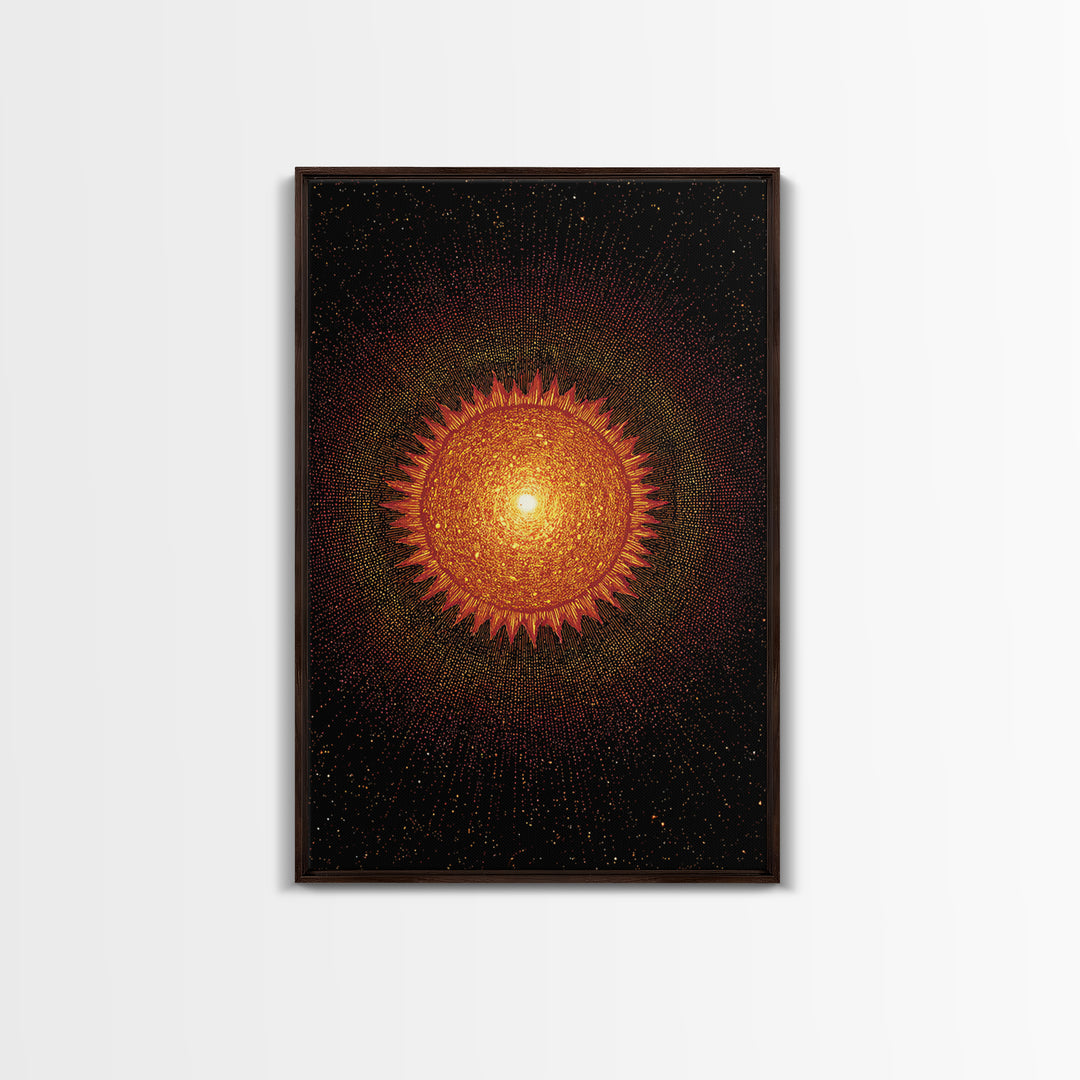 Fiery Abstract Sun Mandala On Black Wall Art, Cosmic Retro Poster, Mid Century Modern Decor, Orange Celestial Print Gift
