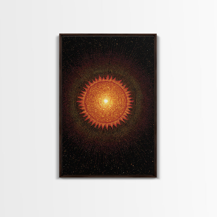 Fiery Abstract Sun Mandala On Black Wall Art, Cosmic Retro Poster, Mid Century Modern Decor, Orange Celestial Print Gift