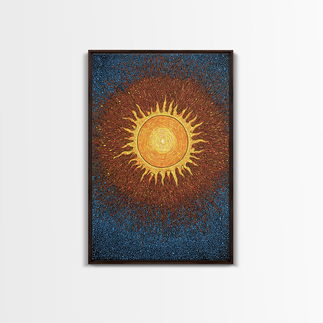 Radiant Orange Sunburst With Blue Texture Canvas Print, Cosmic Wall Art, Mid Century Modern Poster, Groovy Retro Decor Gift