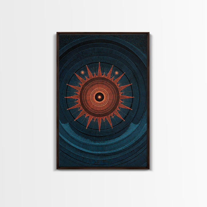 Mystic Solar Eclipse Compass Mandala Wall Art, Retro Sci Fi Poster, Modern Abstract Art Print, Teal Orange MCM Decor Gift