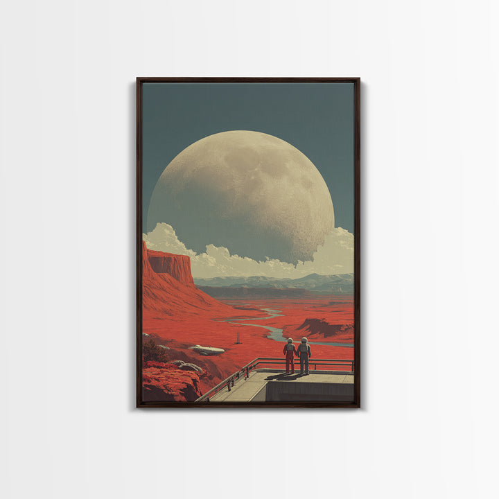 Red Mars Desert Astronauts Framed Canvas Print, Giant Moon Space Poster, Retro Sci Fi Landscape, Midcentury Modern Decor