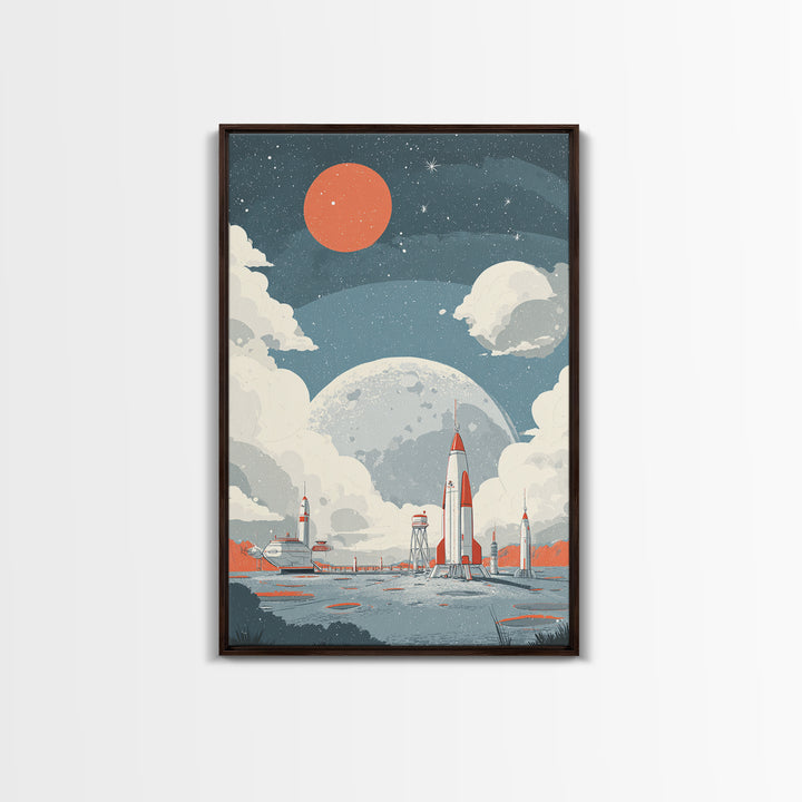 Retro Rocket Spaceport In Clouds Canvas Print, Moon Colony Wall Art Poster, Midcentury Modern Sci Fi Nursery Room Decor Print