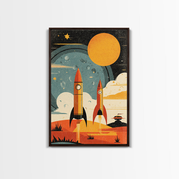 Orange Atomic Rockets And Sun Wall Art, Retro Space Age Poster, Midcentury Modern Sci Fi Decor, Bold MCM Canvas Print Gift