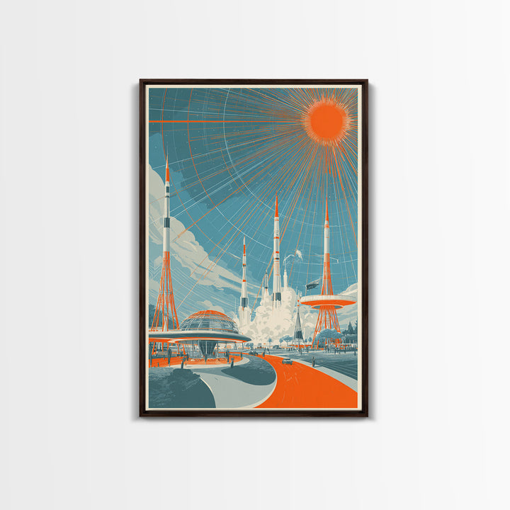 Retro Futuristic Rocket City Wall Art, Orange Sun Spaceport Poster, Midcentury Modern Sci Fi Decor, Atomic Ranch Print Gift