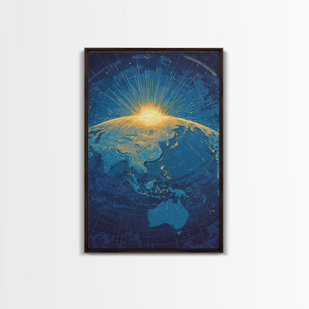 Golden Sunrise Over Earth Canvas Print, Midcentury Modern Map Art, Blue Space Poster, Retro Travel Office Wall Decor Gift