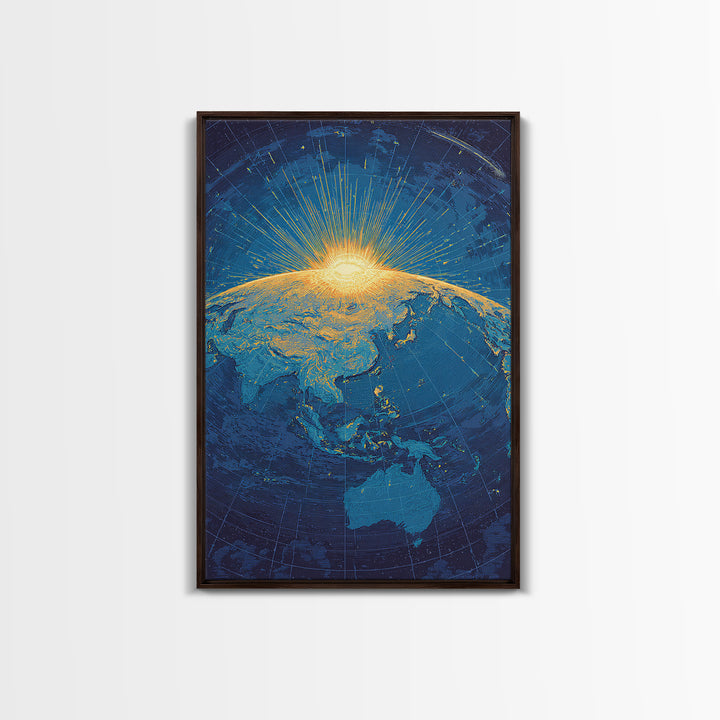 Golden Sunrise Over Earth Canvas Print, Midcentury Modern Map Art, Blue Space Poster, Retro Travel Office Wall Decor Gift