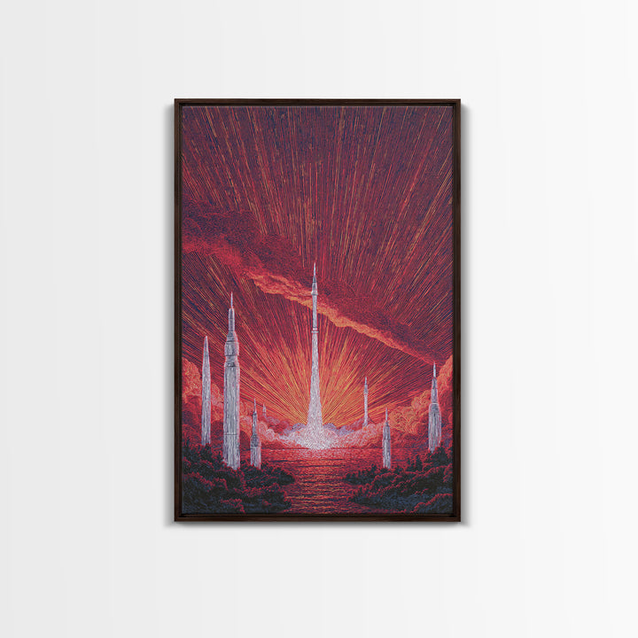 Fiery Red Rocket City At Sunrise Wall Art, Mid Century Modern Sci Fi Poster, Atomic Space Landscape, Retro MCM Decor Print