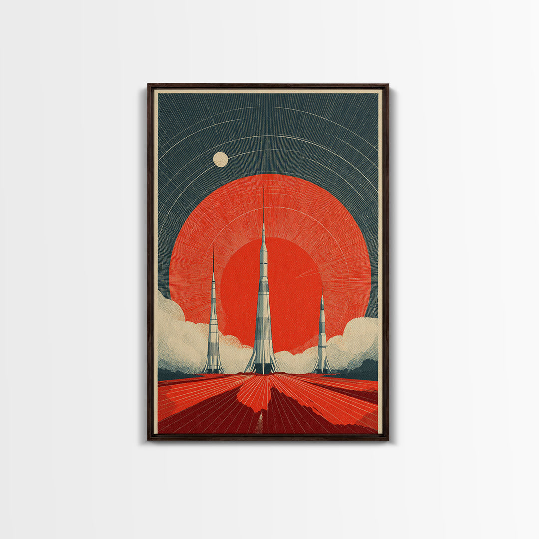 Giant Red Sun Rocket Launch Canvas Print, Mid Century Modern Sci Fi Poster, Atomic Space Art, Retro MCM Wall Decor Print
