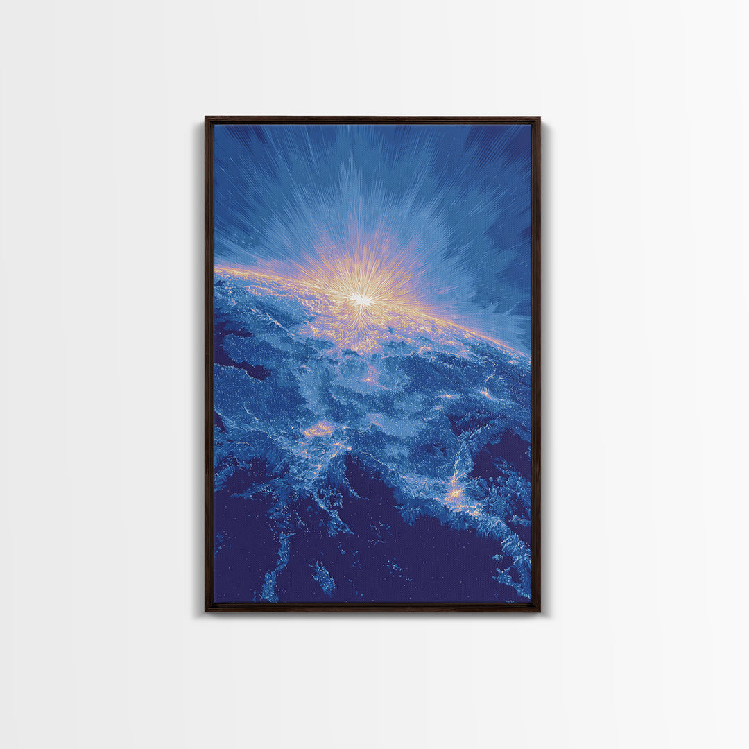 Blue Cosmic Earth Sunrise Framed Canvas Print, Modern Abstract Space Art, Midcentury Poster, Galaxy Home Office Decor Gift