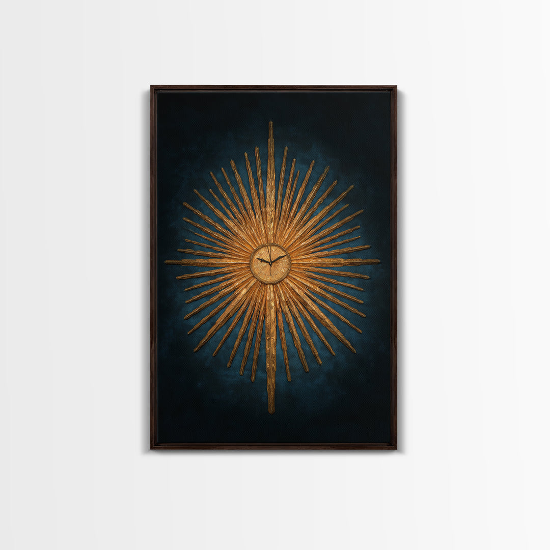 Golden Sunburst Clock On Moody Blue Wall Art, Mid Century Modern Decor, MCM Wall Decor, Atomic Retro Art Print, Home Decor