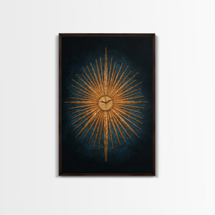 Golden Sunburst Clock On Moody Blue Wall Art, Mid Century Modern Decor, MCM Wall Decor, Atomic Retro Art Print, Home Decor