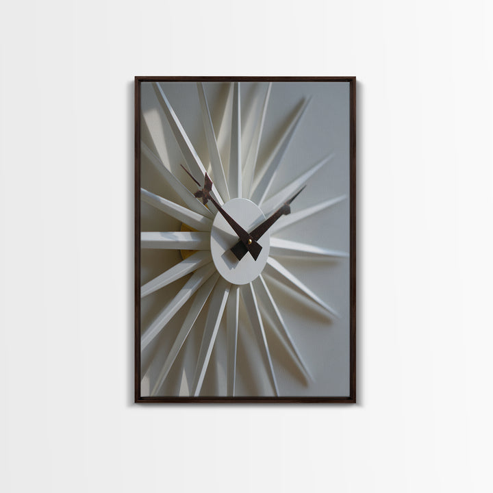 Minimal White Sunburst Clock Framed Canvas Print, Mid Century Modern Decor, Geometric Wall Art, Scandinavian Modern, MCM Artwork