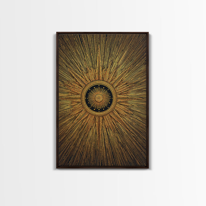 Ornate Gold Sunburst Clock Canvas Print, Midcentury Modern Art, Geometric Art Deco, Atomic Retro Wall Art, Statement Wall Decor