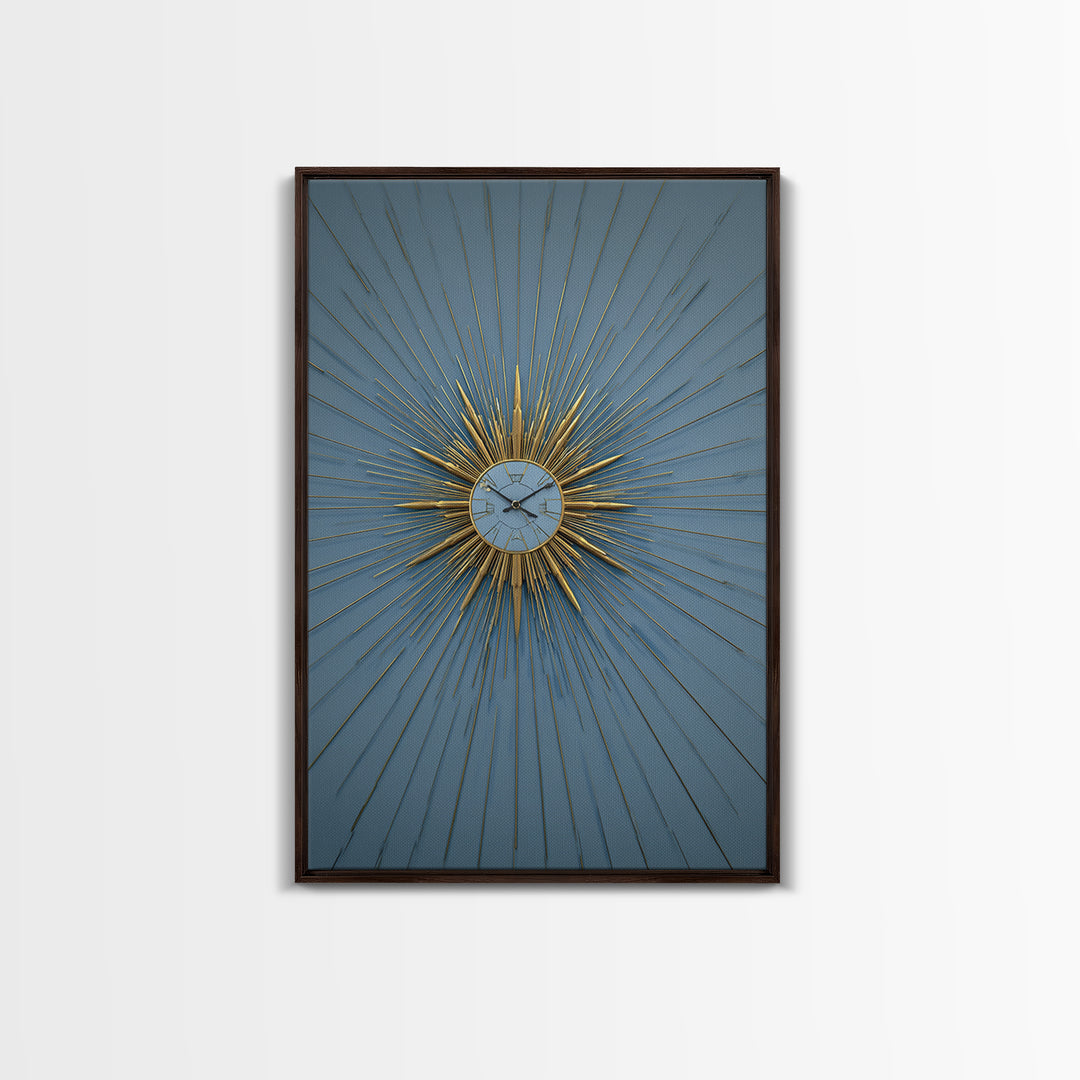 Blue And Gold Starburst Clock Framed Canvas Print, Mid Century Modern Decor, Atomic Wall Art, MCM Artwork, Large Canvas Print
