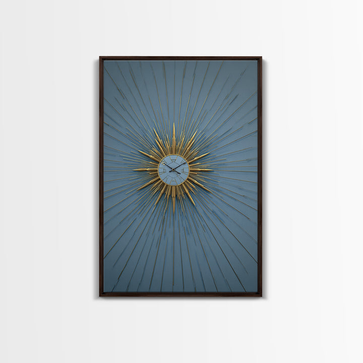 Blue And Gold Starburst Clock Framed Canvas Print, Mid Century Modern Decor, Atomic Wall Art, MCM Artwork, Large Canvas Print