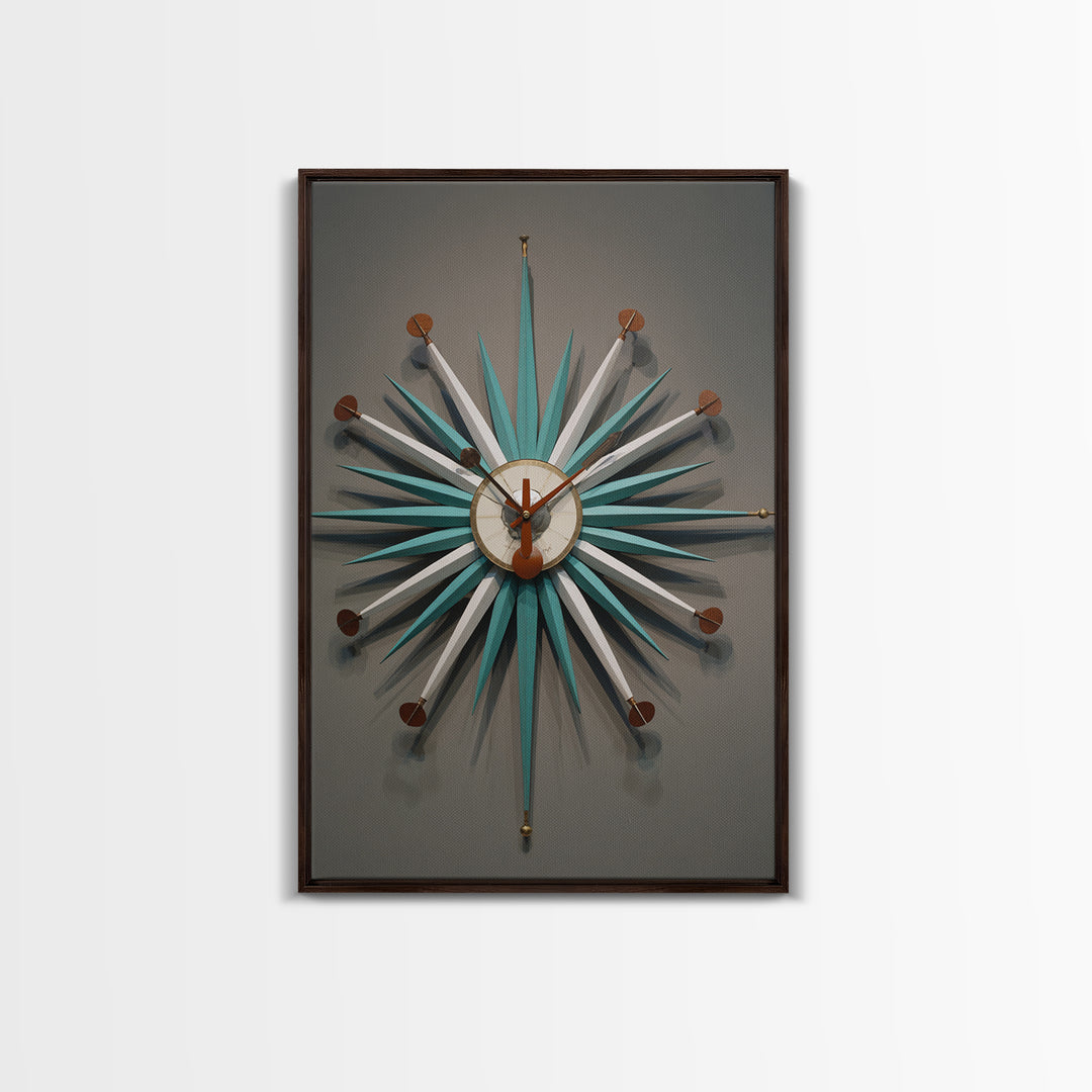 Teal White Atomic Starburst Clock Wall Art, Mid Century Modern Decor, Retro Wall Decor, Geometric Art Print, MCM Home Decor