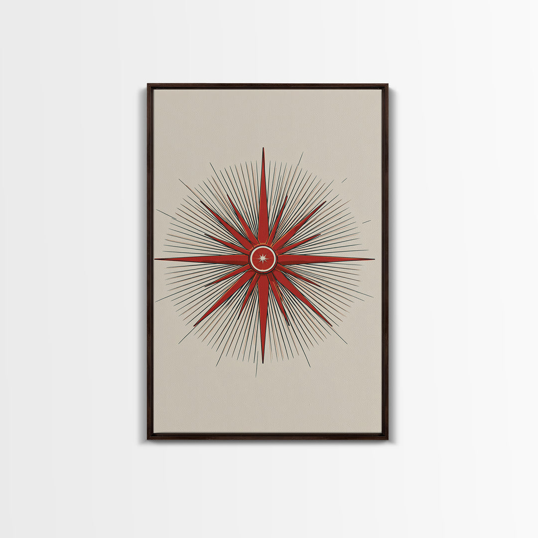 Red Compass Starburst Abstract Canvas Print, Mid Century Modern Art, Atomic Retro Poster, Geometric Wall Art, Minimalist Decor